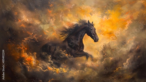  Dynamic 3D portrayal of a horse charging through a storm  its mane and tail whipped by the wind as lightning flashes in the sky.  