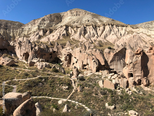 Aerial drone shot of the Fairy Chimneys over the landscape of Goreme, Cappadocia.