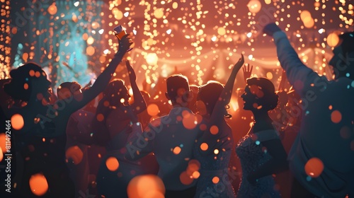 Exuberant Crowd Celebrating at Vibrant Nighttime Festival with Dazzling Lights and Confetti