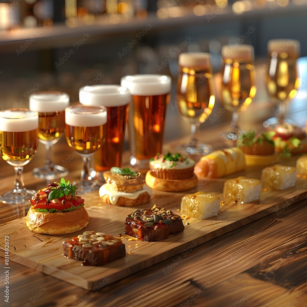 Beer Tasting and Gourmet Appetizers on Rustic Wooden Table in Cozy Bar or Restaurant Setting Beer Tasting and Gourmet Appetizers on Rustic Wooden Table in Cozy Bar or Restaurant Setting