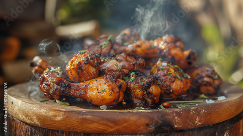 Jerk Chicken on a Rustic Wooden Plate: Vibrant Colors of Spicy Marinated Meat with Smoke Rising. A Flavorful and Aromatic Caribbean Dish Perfect for Culinary Enthusiasts. © Neyro
