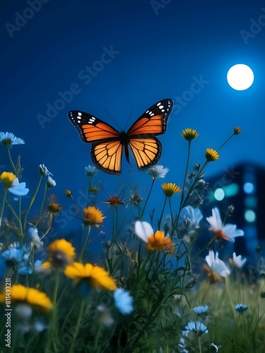 Wildflowers against a blue sky in the city night with butterfly © iLegal Tech