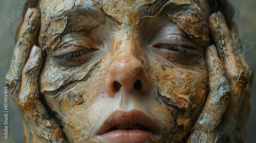 A woman's face is covered in mud and dirt, with her hands on her head