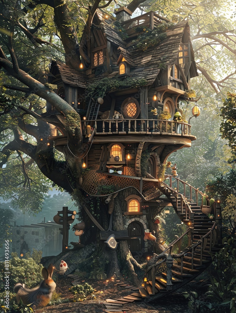 Childs dream of a magical treehouse in an enchanted forest, surrounded by friendly woodland creatures