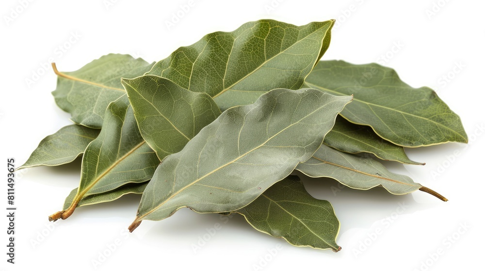 Isolated aromatic bay leaves on white background cutout Isolated aromatic bay leaves on white background cutout