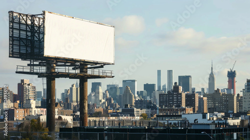 Seamless urban advertising opportunity with a blank billboard on a city skyline.