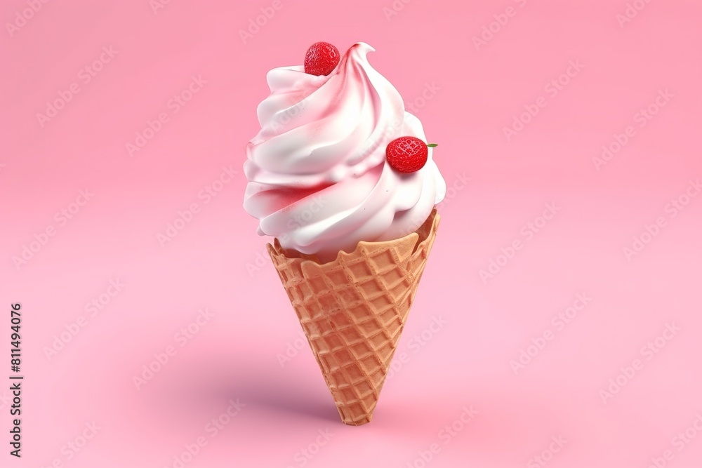 Top View of Strawberry Ice Cream Cone on Pink Background Top View of Strawberry Ice Cream Cone on Pink Background