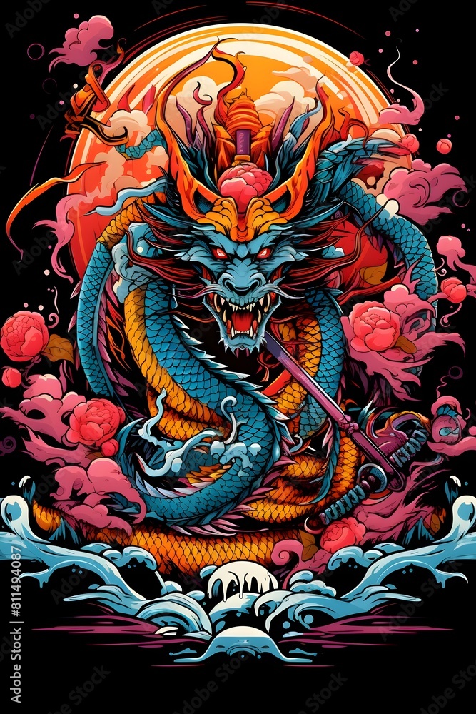 Mystical Japanese Tattoo Design of a Dragon Coiled Around a Sacred Sword with Vibrant Colors and Intricate Patterns