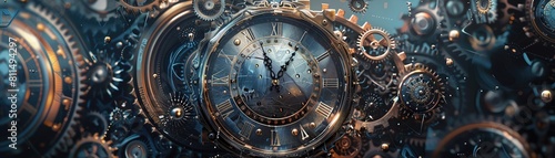 Detailed visualization of an antique clock mechanism intertwined with advanced futuristic gears, set against an abstract representation of time warping photo