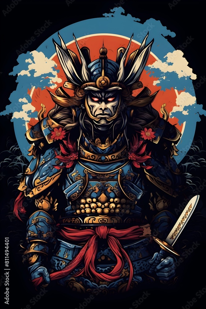 Fototapeta premium Powerful Samurai Warrior in Full Armor Ready for Intense Battle on Dark Background with Bold Outline Cartoon Style