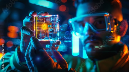 A man wearing virtual reality goggles holds a glowing microchip in his hand.