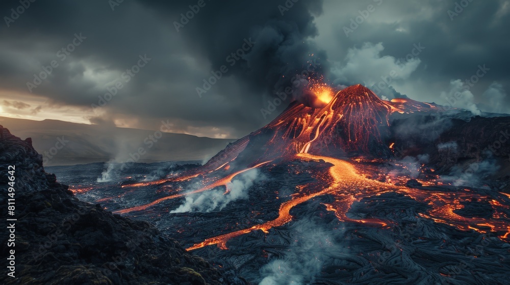 An intense moment captured during the eruption of the Alitli-Hr??tur volcano, with lava shooting high into the air, against a backdrop of dark clouds and swirling smoke, 