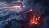 An intense moment captured during the eruption of the Alitli-Hr??tur volcano, with lava shooting high into the air, against a backdrop of dark clouds and swirling smoke, 