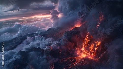 An intense moment captured during the eruption of the Alitli-Hr??tur volcano, with lava shooting high into the air, against a backdrop of dark clouds and swirling smoke,  photo
