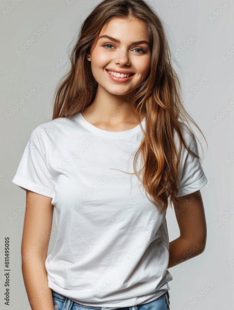 Woman wearing white tshirt mockup created with generative AI Woman wearing white tshirt mockup created with generative AI