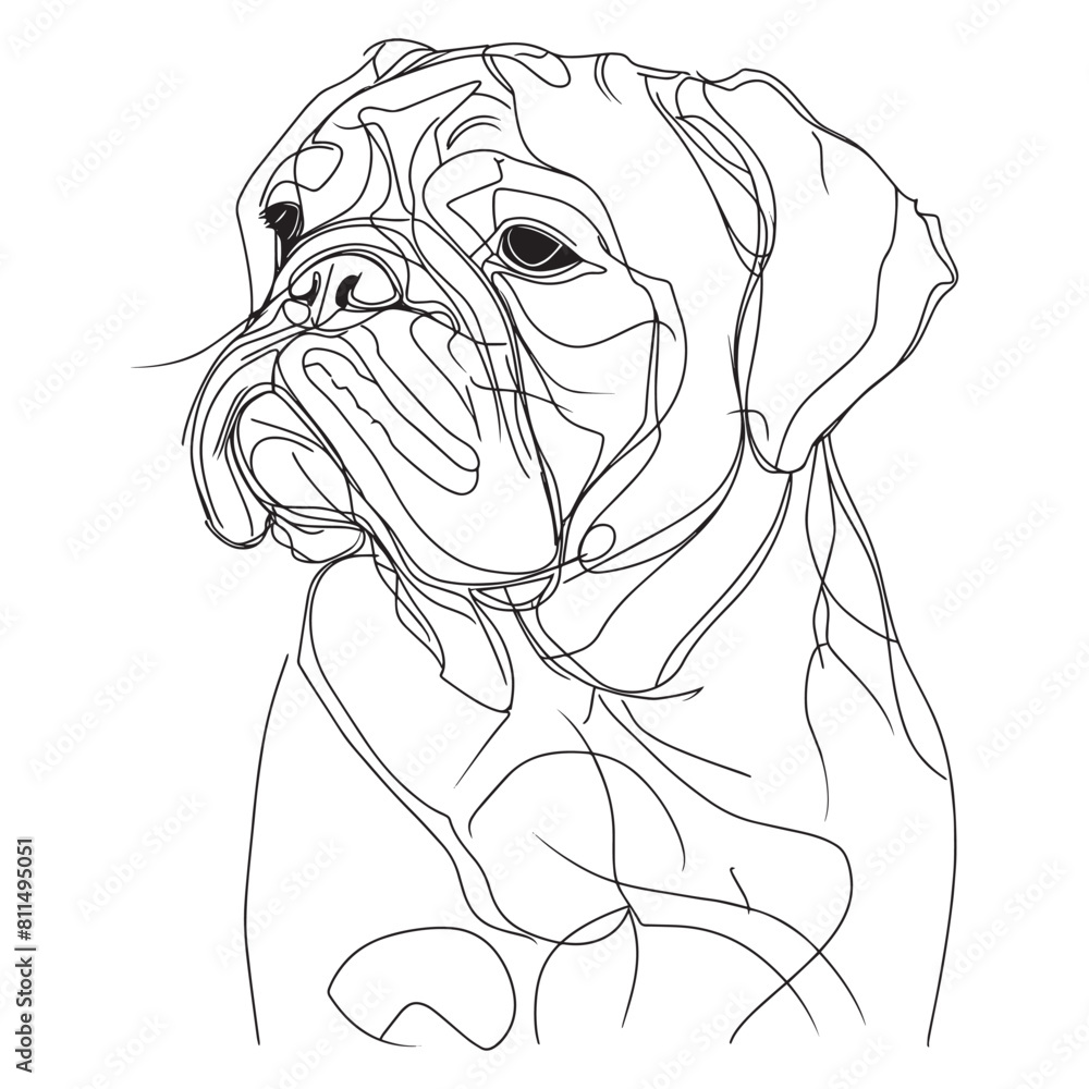 Abstract line drawing series of dog. Isolated one line art style of a bulldog in black outline on a transparent background.