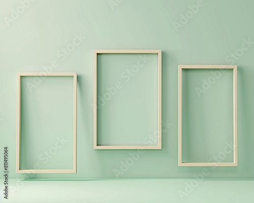 Three modern frames against a soft sage green background natural and light