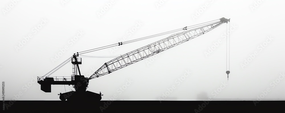 High contrast silhouette of a crane with emphasized structural lines and dramatic lighting, set against a pure white backdrop High contrast silhouette of a crane with emphasized structural lines and dramatic lighting, set against a pure white backdrop