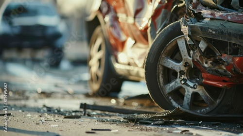 A powerful image of a crumpled car being towed away from the accident scene, symbolizing the aftermath and cleanup process following a traffic collision. 