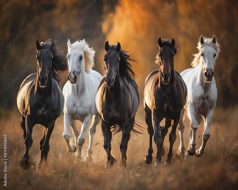 Horses galloping across an open field, their manes and tails flowing in the wind, embodying the spirit of freedom and liberation Horses galloping across an open field, their manes and tails flowing in the wind, embodying the spirit of freedom and liberation