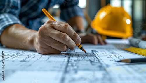 A focused view of a hand making precise measurements on a building blueprint, with an architects helmet in the foreground photo