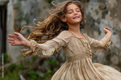A young girl dancing with joy and abandon, her movements embodying the spirit of freedom and selfexpression photo