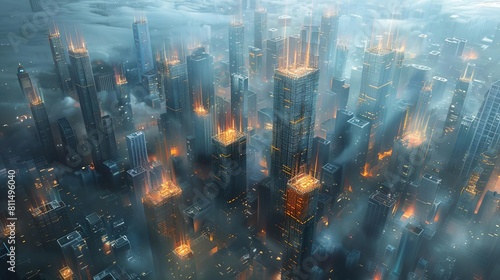 A futuristic cityscape with buildings shaped like blockchain blocks  symbolizing a blockchainpowered society