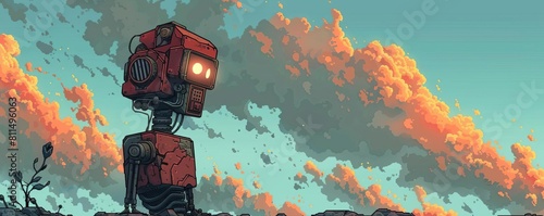 A pixel art portrait of a robot with a sad expression, reflecting on the effects of climate change