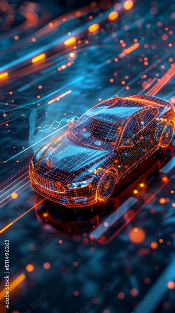 A rotating wireframe of a selfdriving car, showcasing its sensor technology and autonomous navigation systems A rotating wireframe of a selfdriving car, showcasing its sensor technology and autonomous navigation systems