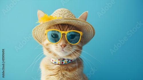 Happy smile kitty Cat wearing sunglasses with summer season costume isolated on background  pets summer  lovely cat  holiday vacation.