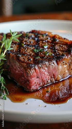 Juicy, perfectly prepared high quality Wagyu beef served on a plate with a small herb garnish. 