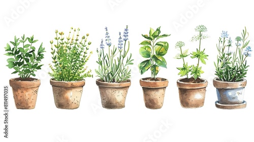The image displays a collection of six watercolor illustrations of various potted herbs. From left to right, the first pot contains a bushy green herb, the second is filled with a flowering herb with 