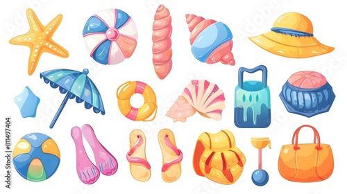 Cartoon summer elements, travel, beach, summertime accessory. Cocktails, ice cream and exotic fruits vector illustration set. Palm and serfing board. Umbrella and sunglasses