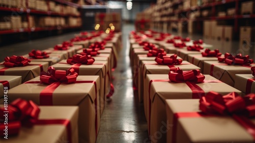 Numerous Brown Gift Boxes with Red Ribbons Arranged Neatly in Rows,  Festive Atmosphere for Special Events, Shopping and delivery product boxes promoting free or discounted shipping, online shoppers
