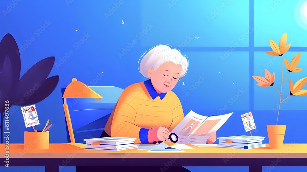 Naklejka premium Woman happily immersed in her stamp collection hobby