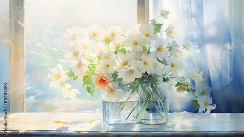 Watercolor pastel window sill and flower arrangement background poster decoration painting