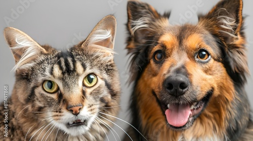 portrait of a dog and a cat looking at the camera in front of a white background