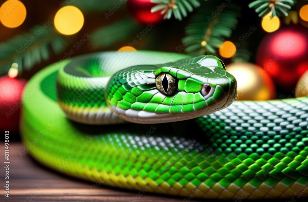 Obraz premium Green snake among branches and lights - an original accent for Christmas and New Year cards and invitations
