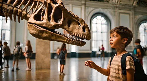 Children and Dinosaur Skeleton in Museum. Learning Through Exploration photo
