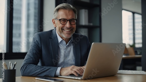 Smiling mature adult business man executive sitting at desk using laptop. Happy busy professional mid aged businessman ceo manager working on computer corporate technology in office