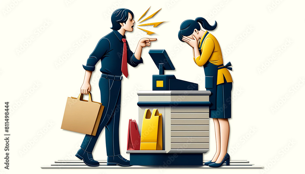 A female employee and an abusive customer at a supermarket A female employee and an abusive customer at a supermarket