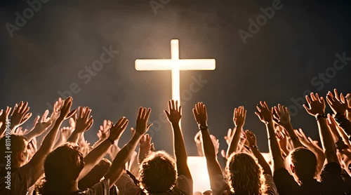 Christian worshipers raising hands up in the air in front of the cross photo