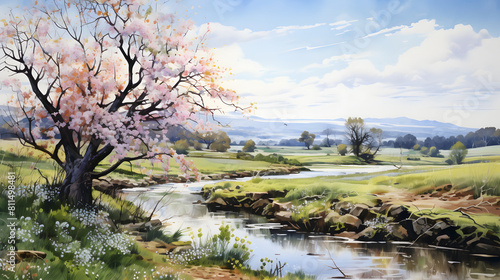 Watercolor springtime outdoor landscape country road background poster decoration painting
