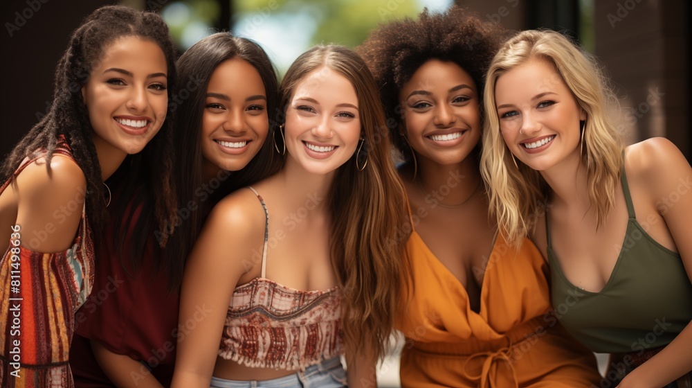 Diverse Group of Women Smiling Outdoors. Vibrant portrait of five diverse young women smiling together, showcasing friendship and diversity in a sunny outdoor setting.