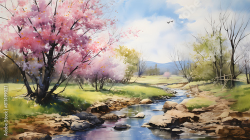 Watercolor springtime outdoor landscape country road background poster decoration painting