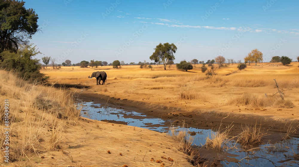 landscape with a river in the forest and elephant walking in the forest landscape with a river in the forest and elephant walking in the forest