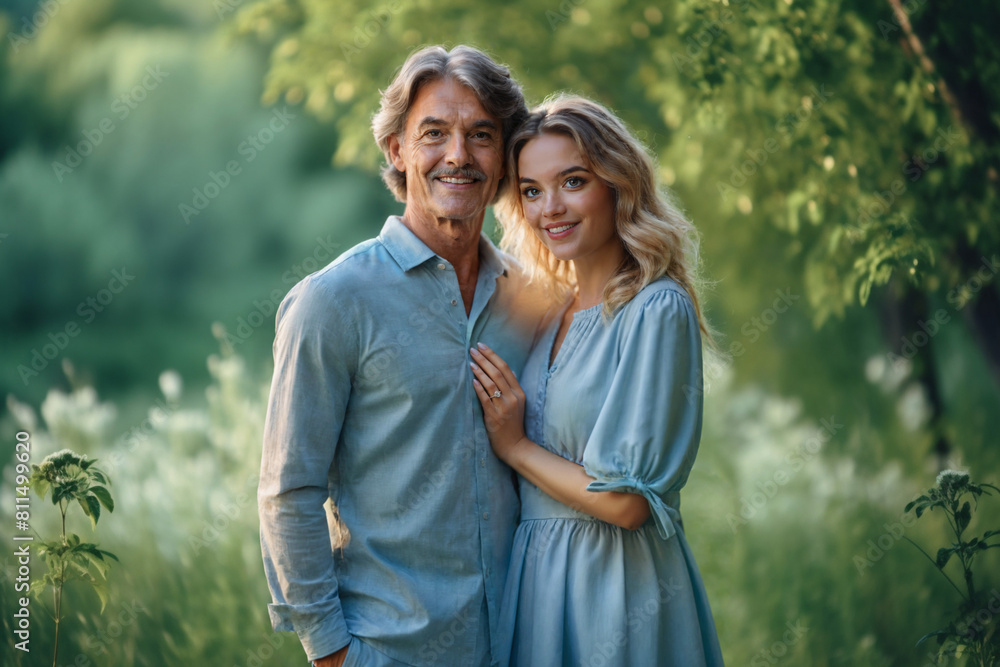 Naklejka premium father and daughter or love with age difference, woman age 30 blonde caucasian and mature man gray hair, walking in nature, walk in field and meadow trees and nature, blue summer dress, spring, love