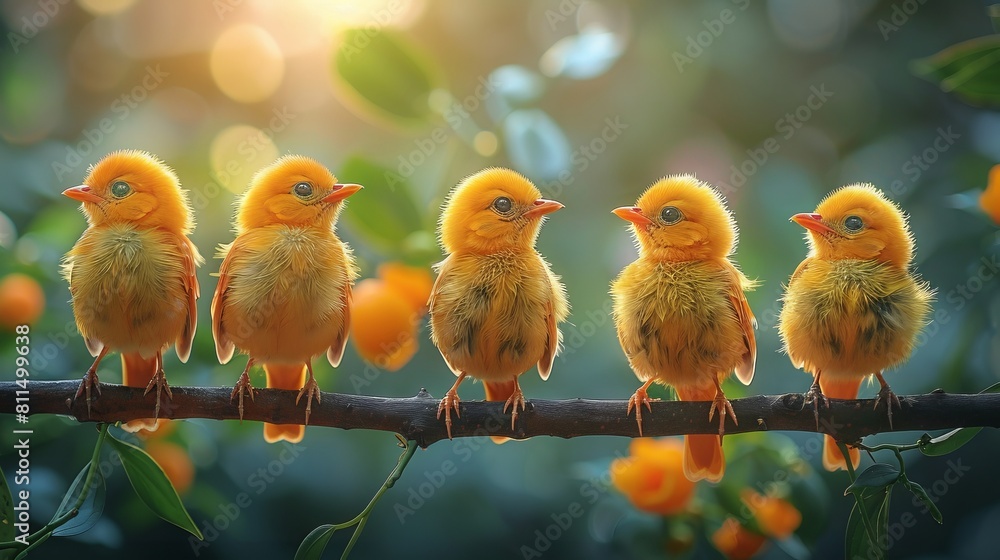 Five yellow birds sitting on a branch. Generative AI.