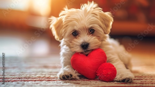 A small white puppy holding a red heart toy. Generative AI. photo