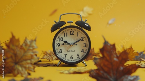 Celebrate Daylight Saving Day with a symbolic image featuring a black alarm clock and autumn leaves on a cheerful yellow background